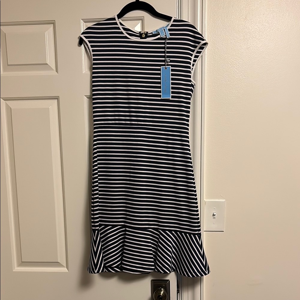 Girls Navy and White Striped Cap-Sleeve Dress